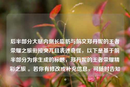 后半部分大腿内侧长脂肪与前文郑丹妮的王者荣耀之旅衔接突兀且表述奇怪，以下是基于前半部分为你生成的标题，郑丹妮的王者荣耀精彩之旅 。若你有修改或补充信息，可随时告知。