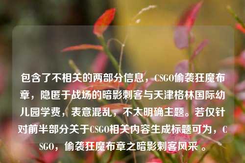 包含了不相关的两部分信息,CSGO偷袭狂魔布章,隐匿于战场的暗影刺客与天津格林国际幼儿园学费,表意混乱,不太明确主题。若仅针对前半部分关于CSGO相关内容生成标题可为,CSGO,偷袭狂魔布章之暗影刺客风采 。
