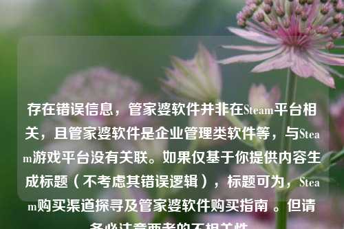 存在错误信息，管家婆软件并非在Steam平台相关，且管家婆软件是企业管理类软件等，与Steam游戏平台没有关联。如果仅基于你提供内容生成标题（不考虑其错误逻辑），标题可为，Steam购买渠道探寻及管家婆软件购买指南 。但请务必注意两者的不相关性。